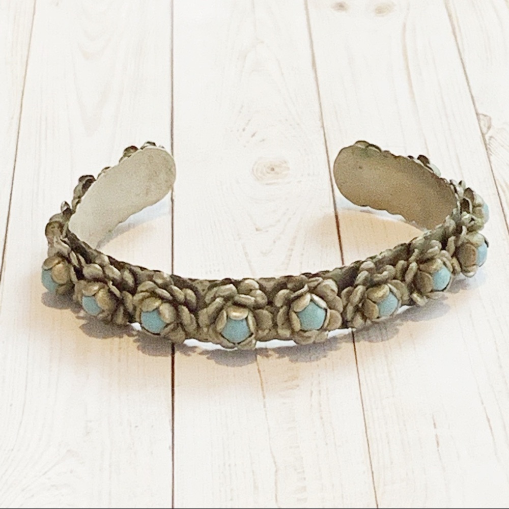VTG Mexico Silver Flower Turquoise Cuff Bracelet
